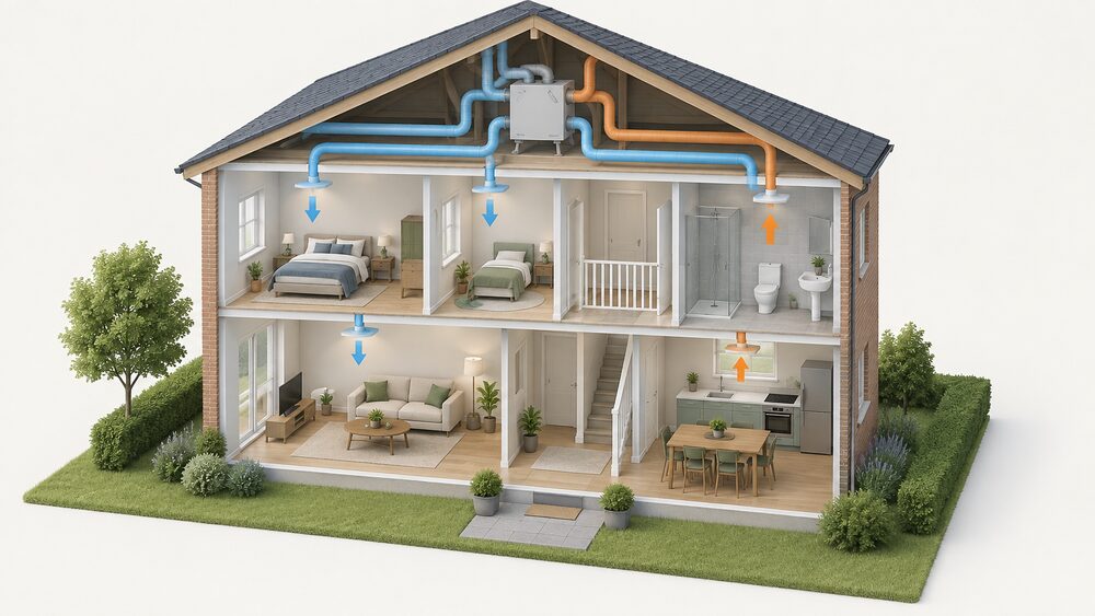 A cutaway house showing a whole-house MVHR heat exchanger unit mounted indoors in a utility space, with insulated duct runs branching to extract terminals in the kitchen and bathroom and supply terminals in the living room and bedrooms.