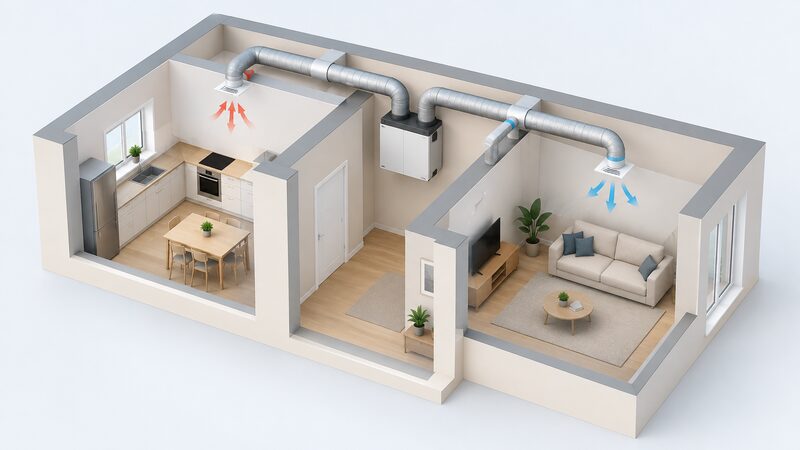A cutaway room view showing a wall-mounted MVHR unit with two duct runs branching through the ceiling, one leading to a valve terminal in a kitchen and one to a supply terminal in a living room.