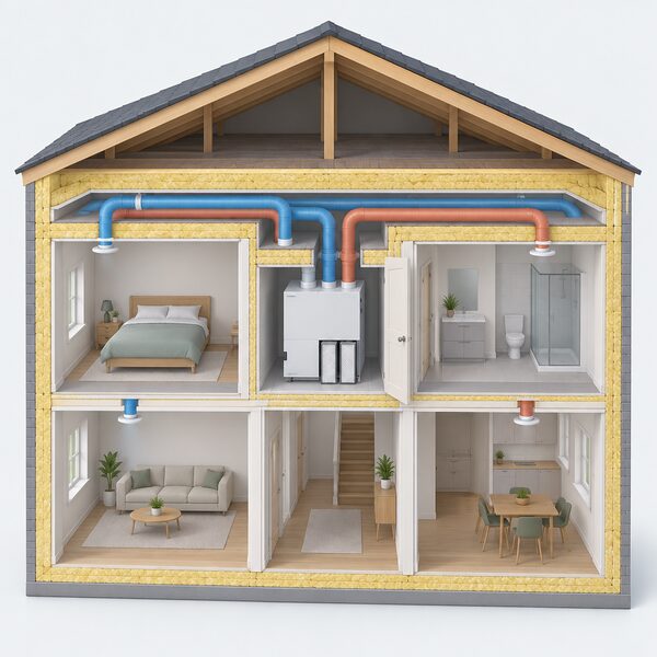 A cutaway view of a home showing an MVHR unit with its filter set and a network of supply and extract ducts installed within the insulated envelope, such as in a hallway cupboard or ceiling void beneath the insulation, with the cold uninsulated loft space above shown separately.