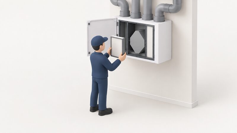 A technician standing beside a wall-mounted MVHR unit with its front access panel open, sliding a filter cassette out and holding it up beside the panel for inspection.