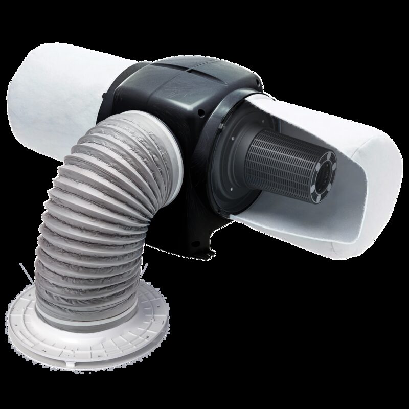 A Nuaire Drimaster Eco PIV positive input ventilation unit with black casing, insulated loft ducting and a ceiling diffuser