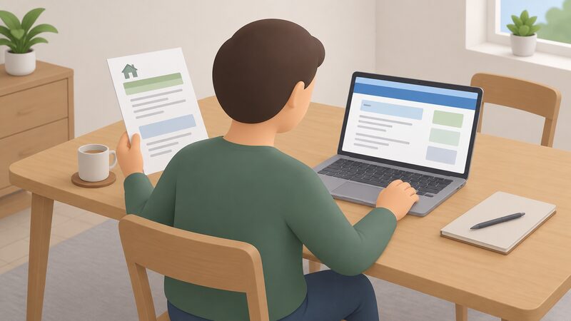 A householder at a table holds a paper letter about insulation in one hand while comparing it with a laptop screen showing the scheme administrator's website, checking the letter's details against the published scheme pages.