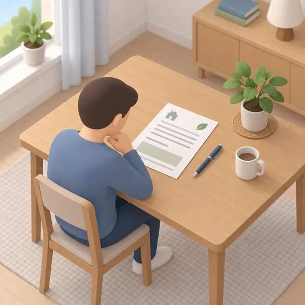 A plain official letter about insulation measures lying flat on a household table beside a pen, its content shown only as blank lines and plain blocks, with a simplified figure seated at the table reading it before signing.