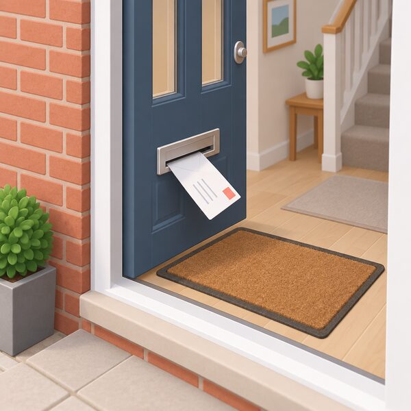 A plain envelope shown at an angle dropping through the letterbox in the front door of a brick house, landing on a doormat just inside the hallway, with the envelope's face carrying only blank address lines and a plain stamp block so no wording can be read.