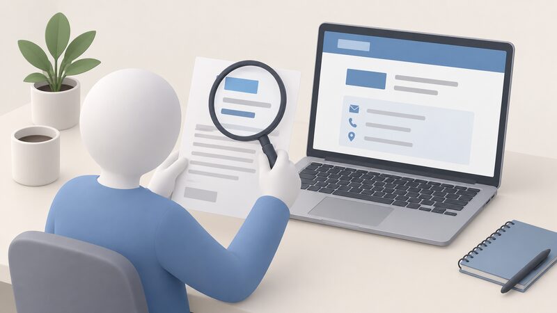 A close-up scene showing a paper letter held beside a laptop screen, with a magnifying glass over the letter's header and reference area while a plain figure compares the contact details against a scheme webpage.