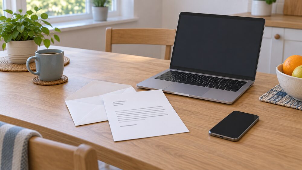 An opened envelope with a letter lying on a kitchen table beside a laptop with a blank screen and a smartphone, the moment a householder sits down to check whether the letter is genuine before replying.