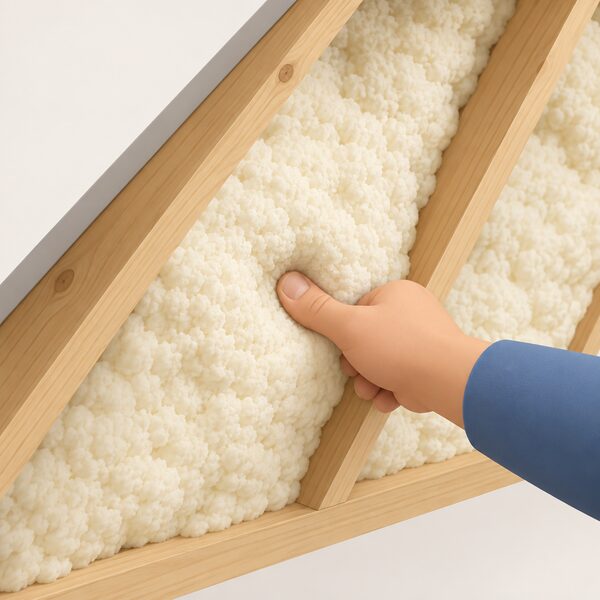 A close-up of a hand pressing a thumb into a thick layer of pale open cell spray foam applied between timber roof rafters, the foam visibly denting and compressing under the pressure to show it stays soft after setting.