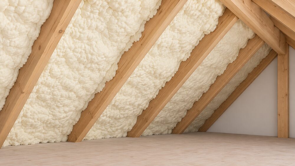 A close-up of a pitched timber roof's underside inside the loft, with soft open cell spray foam sprayed between and over the wooden rafters, partially sealing the timber, with a section left bare to show the wood beneath.