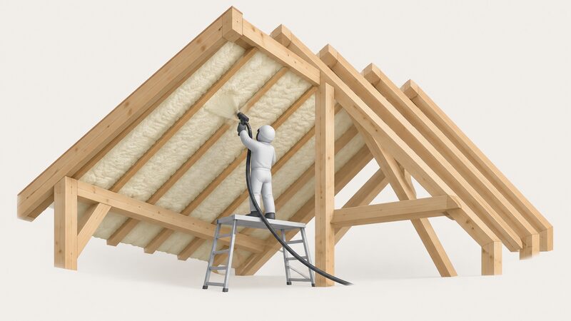An isometric cutaway of a pitched timber roof interior showing open cell spray foam applied to the underside of the sloping rafters between the timber members, with a small simplified figure on a platform spraying the foam, the timber edges left visible where the foam partially seals them.