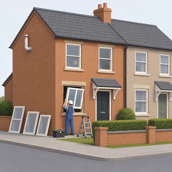 A semi-detached house shown from the street with an installer fitting an A-rated double glazed window unit into one opening, while all the other windows are shown as older single glazed panes being replaced throughout the house.