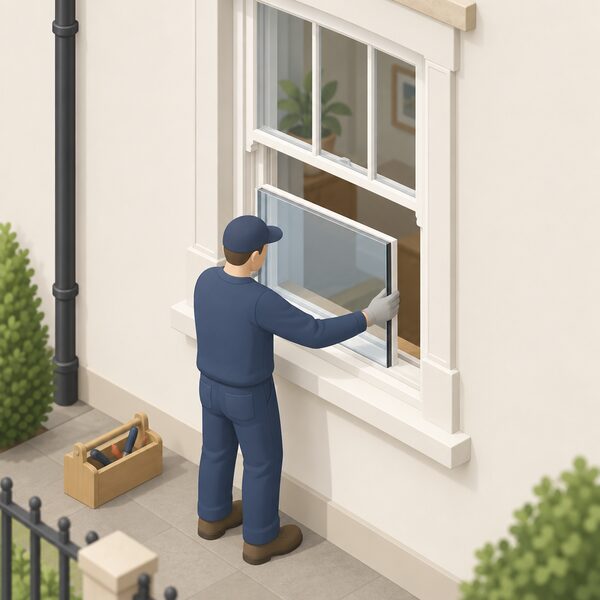 An installer fitting a slimline double-glazed unit into the existing timber sash of a sash window on an unlisted house in a conservation area, the sash lowered open on the frame while the thin glazing unit is eased into the sash rebate.