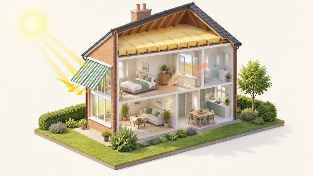A cutaway house in bright summer sunshine, with thick loft insulation laid between and over the joists in the roof, a large west-facing window fitted with an external shading awning outside the glass, and another window opened wide to let warm air out of the room.
