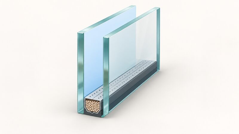 A cutaway diagram of a double glazed sealed unit edge, showing two parallel glass panes separated by a cavity filled with plain colour representing air or noble gas, with the perforated spacer bar between the panes at the edge shown in cutaway containing a desiccant fill.