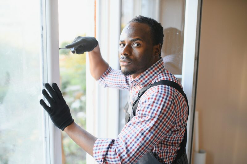 A tradesman in overalls and gloves working on a white window frame with a screwdriver