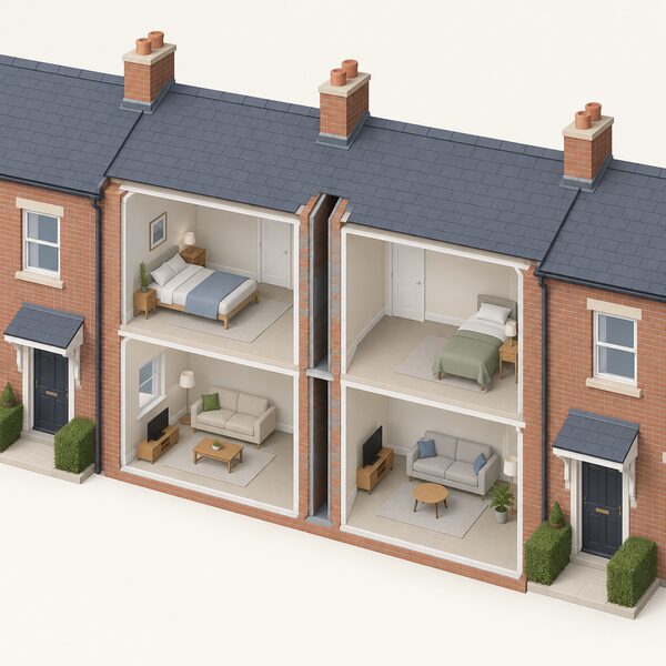 A simplified isometric cutaway of a mid-terraced house pair showing the shared party wall between two dwellings as an untreated cavity, with the two homes joined side by side under one continuous roofline.