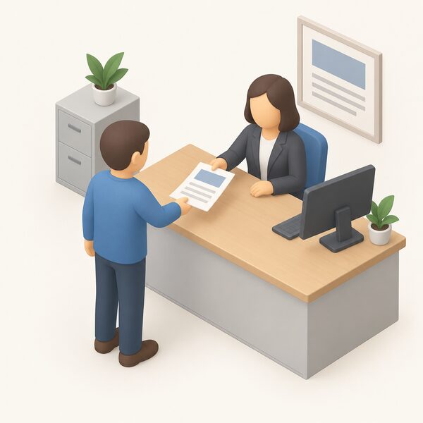 A simplified isometric figure hands a printed building notice form, shown as a physical sheet with blank lines and plain blocks, across a counter to a building control body officer at a plain office desk, depicting the notice being submitted before cavity wall insulation work begins.