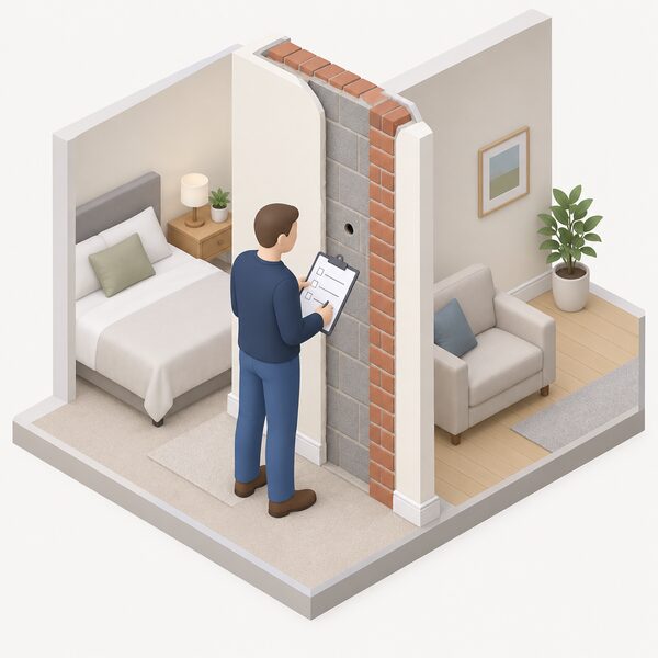 An installer in plain clothing stands at a party wall inside a house, holding a clipboard with a printed survey checklist sheet marked only with blank tick boxes and lines, next to a small inspection drill hole in the exposed masonry wall edge.