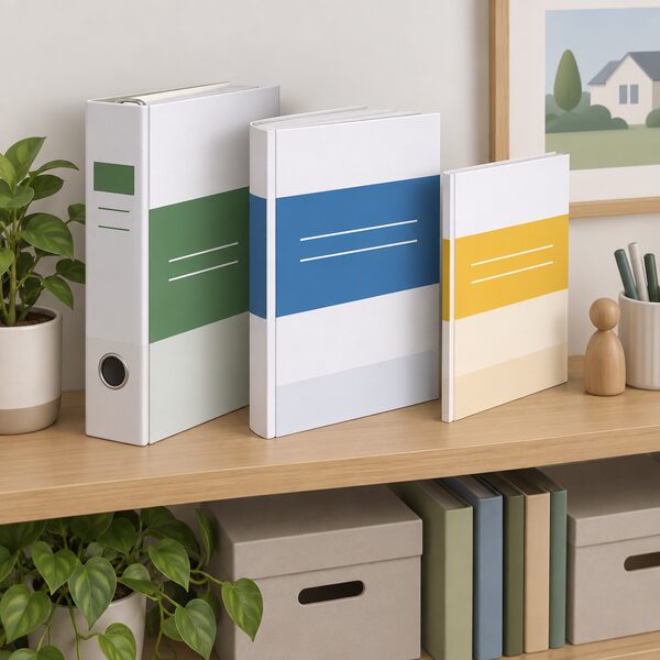 A home office shelf holding two thick bound guidance documents side by side, one a ring folder of ECO guidance and one a printed Approved Document L volume, with a third slimmer booklet beside them, all covers showing plain colour bands and blank lines instead of titles.