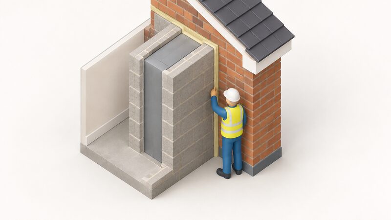 A cutaway isometric view of a party wall cavity where it meets an external wall, with a simplified installer figure inspecting the edge sealing at that junction, showing the two leaves of the separating wall, the closed cavity and the sealed perimeter stopping the bypass.