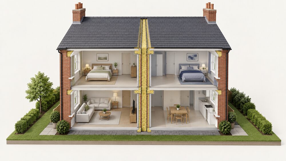 A cutaway of two adjoining terraced homes showing the central party wall in section, its cavity fully filled with yellow mineral wool batts, with the wool also closing the cavity where the party wall meets the external brick wall at the edges.