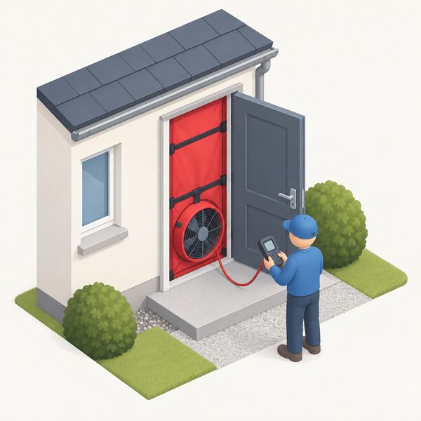A simplified isometric figure operates a blower door test, with the fan unit sealed into an open external doorway of a house, a pressure gauge and cable running from the fan to the tester standing just outside the entrance.