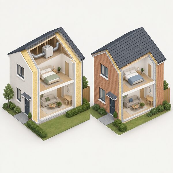 A cutaway view contrasting two neighbouring new houses: one with very thick wall insulation and small heating demand, the other a typical UK build with much thinner insulation, both shown as simple isometric homes side by side.