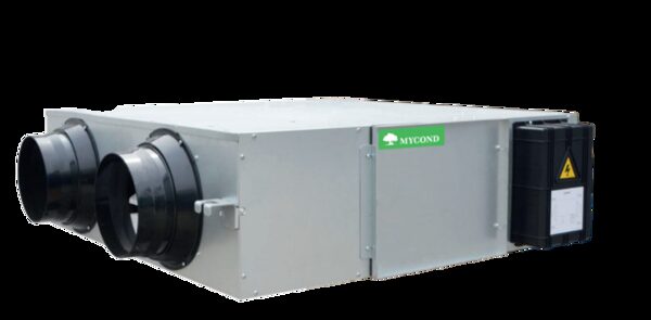 A Mycond MVS series energy recovery ventilation unit, a grey metal box with two black duct spigots and an electrical control box