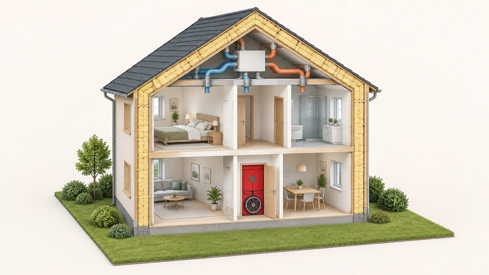 A cutaway of a small house showing a thickly insulated thermal envelope wrapping the walls and roof, with a mechanical ventilation heat recovery unit mounted high inside, ducts running to rooms, and a blower-door style airtightness test fan sealed into a doorway.