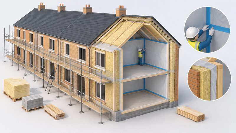 A terrace of new homes at an early construction stage, with one bay cut away to reveal very thick insulation built into the walls, a continuous airtightness membrane being taped at joints, and no heating or ventilation services installed yet.