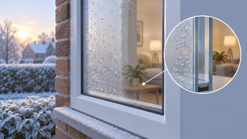 A close-up of a double glazed window on a cold morning, with small droplets of condensation beading across the outside face of the outer pane, seen from outside the house with a hint of the insulated cavity keeping the inner panes warm.