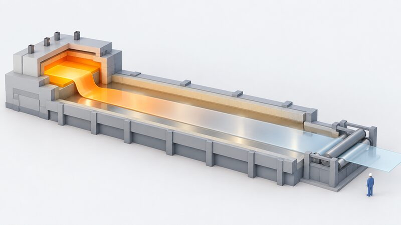 A cutaway isometric view of a float glass production line showing molten glass flowing from a melting furnace onto a long bath of molten tin, forming a continuous flat ribbon that cools as it travels along the bath toward an exit roller.