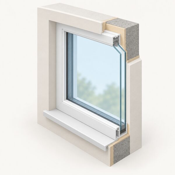 A cutaway view of a double glazed window unit showing two panes of glass with a sealed gap between them, set within a window frame installed in a wall opening, with no coating details or orientation shown.