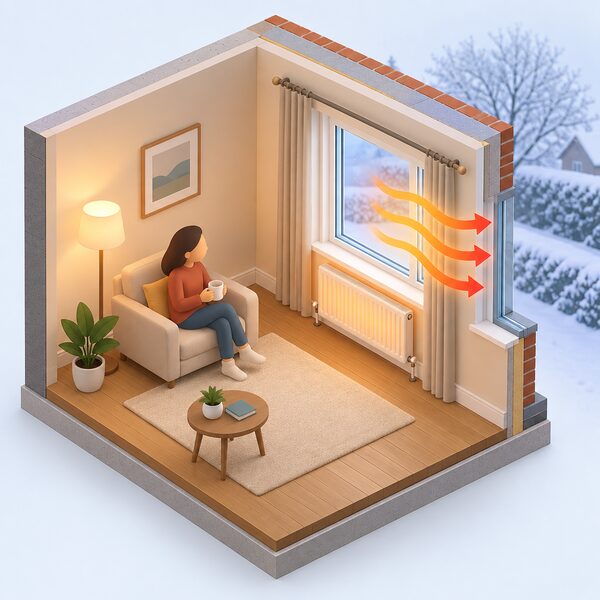 A cutaway interior view of a UK home on a cold day showing heat escaping through a double-glazed window, the fabric element with the highest heat transfer, while the rest of the wall, floor and a radiator stay warm inside.