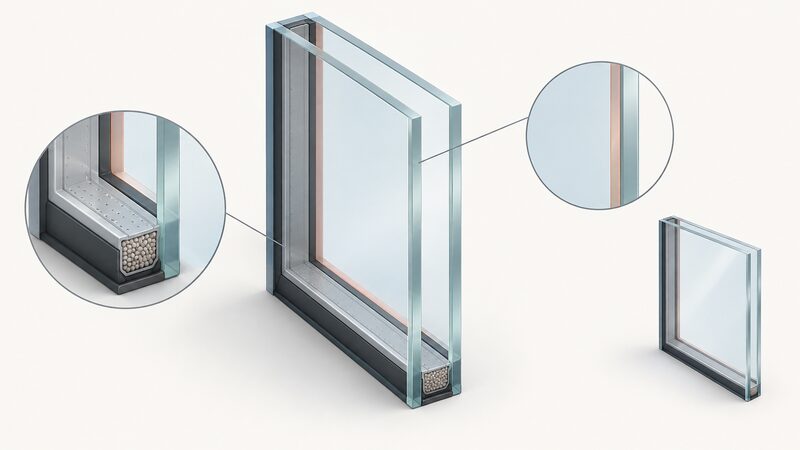 A cutaway cross-section of a double glazed sealed unit showing two glass panes separated by a spacer bar around the edges, with the sealed cavity between them and a low-E coating drawn as a thin layer on an internal face of one pane, not on either outer surface.