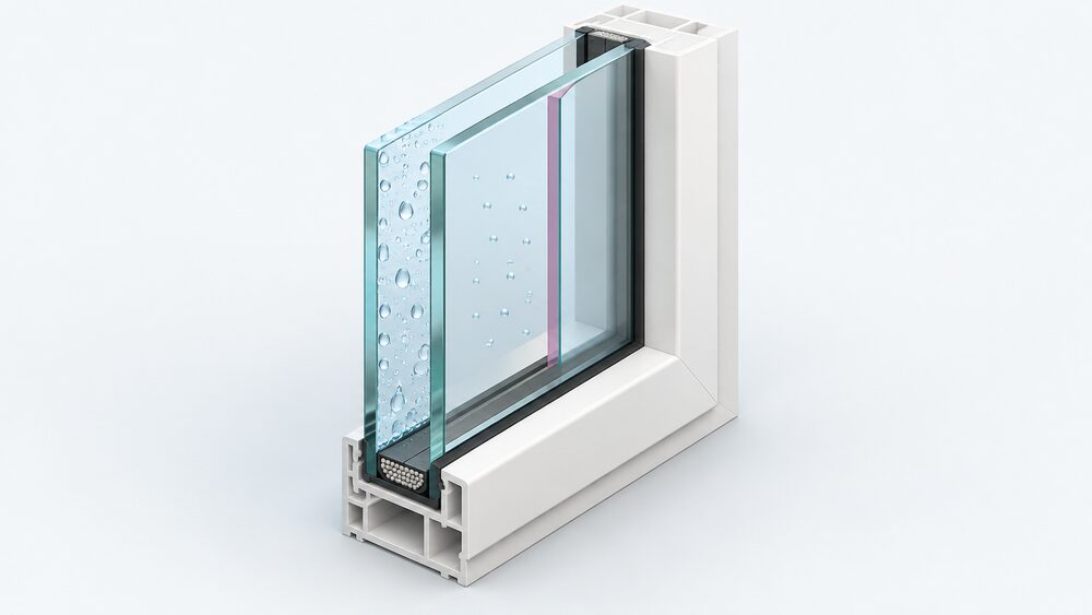 A close-up cutaway of a double glazed sealed unit set in a window frame, showing two panes of glass with a gas-filled gap between them, the low-E coating on the internal face of the inner pane, and droplets of condensation on the outside face of the outer pane.