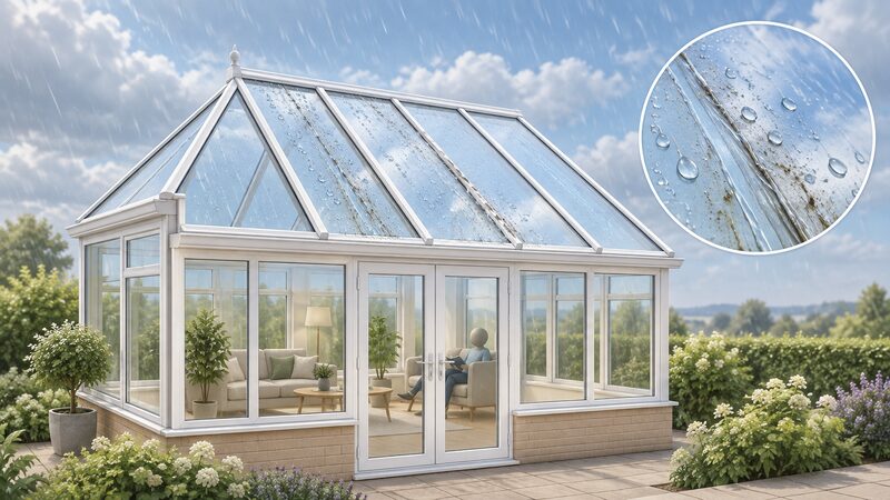 A conservatory with a sloped glass roof where raindrops bead and run down the outer surface of the panels, carrying streaks of dirt with them, shown in cross-section against an open sky with no overhang above.