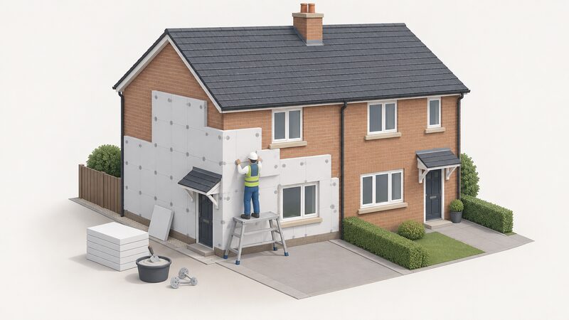 A semi-detached house with rigid external wall insulation boards fixed in a grid across the front elevation, partly covered, with a small isometric installer figure on a low platform fixing a board, the boards sitting proud of the wall and staying below the roofline.