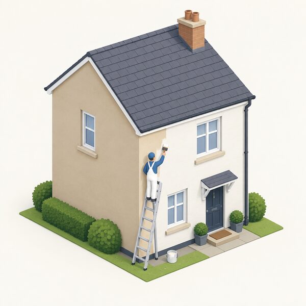 A small isometric figure on a ladder paints the front exterior wall of a simple two-storey house with a brush, a paint tin resting on the ground beside the ladder, showing routine repainting as a minor improvement needing no planning application.