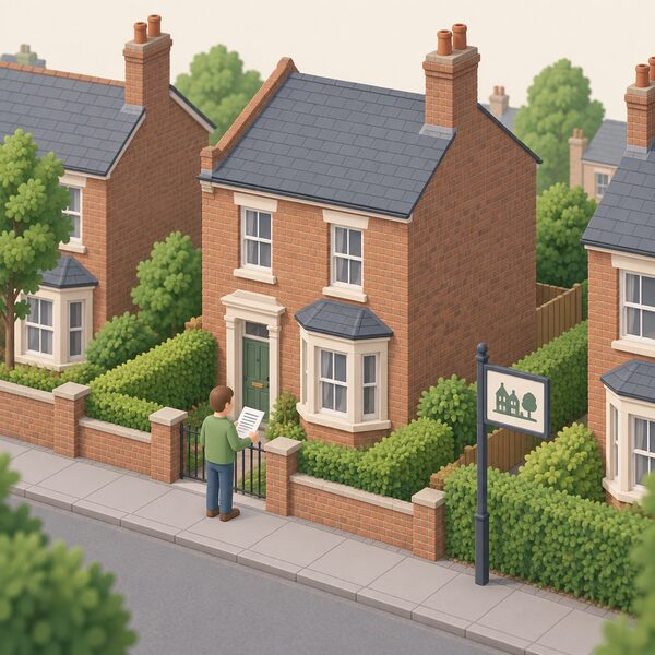 A traditional brick house on a leafy street in a conservation area, with a small isometric householder standing at the front gate holding a planning permission application form, with a conservation area boundary signpost on a post by the pavement.