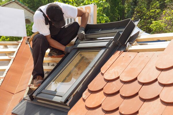 A roofer installing a roof window (skylight) on a tiled roof