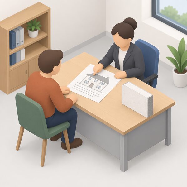 A householder sits across a desk from a local planning officer, both looking at a printed planning document showing a simple house elevation drawing, with a wall insulation board sample resting on the desk beside it.