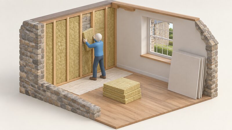 Inside a stone listed cottage, a simplified figure fits insulation slabs between vertical timber studs fixed to the inside face of a solid stone wall, with plasterboard sheets stacked nearby and the stone exterior visible through a window.