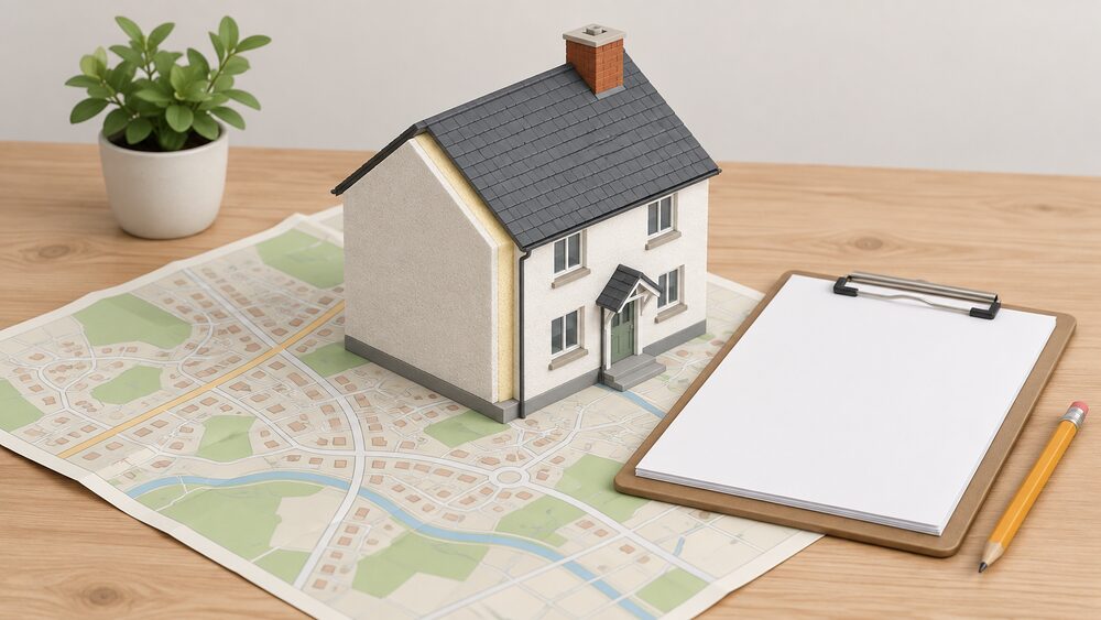 A small model house with a thick rendered insulation layer on its outside walls sits on a table beside blank application paperwork, a clipboard and a pencil, with a folded ordnance-survey-style map of a neighbourhood laid flat underneath them.