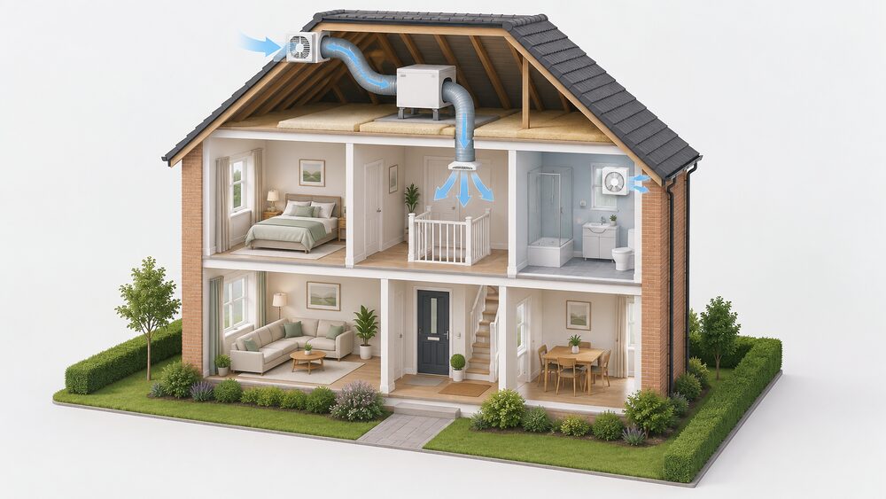 A cutaway house showing a PIV unit in the loft drawing outside air through a filtered inlet, a duct running down to a ceiling diffuser on the landing below, and an extract fan on the wall of the bathroom.