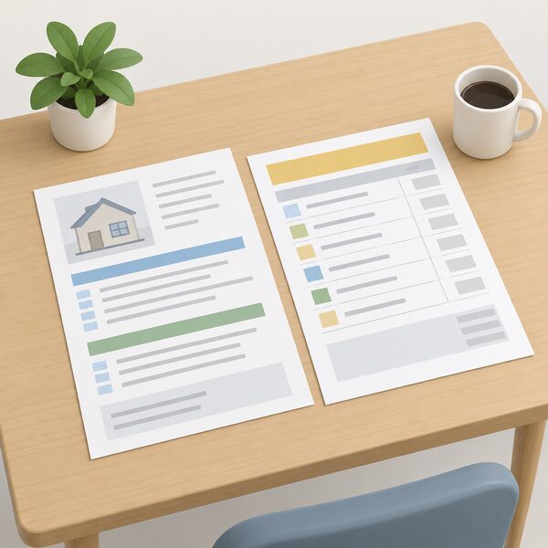 A printed survey report and a printed price list lying side by side on a plain table, both shown as physical documents with blank lines and plain colour blocks instead of readable figures, before any quote is issued.