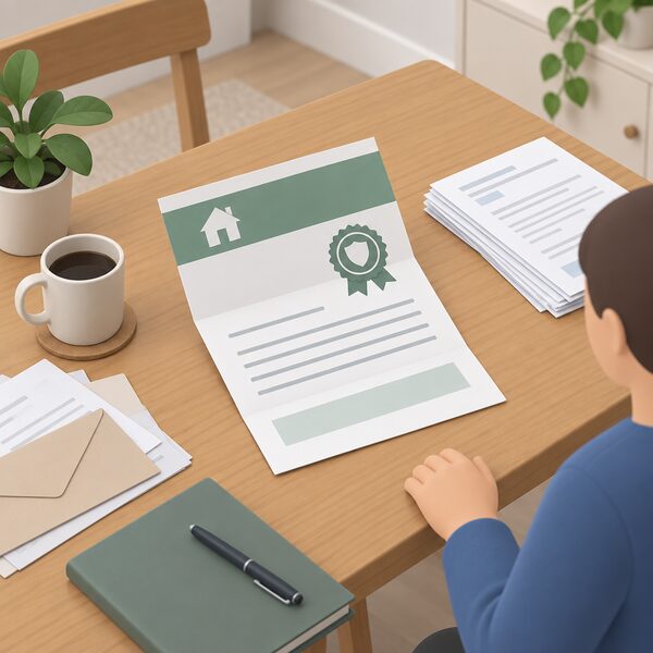 A folded insurance-backed guarantee certificate for underfloor insulation work lying on a table among ordinary household paperwork, drawn as a physical document with a plain header band, a simple emblem block and blank ruled lines, with a simplified isometric householder's hand resting beside it.