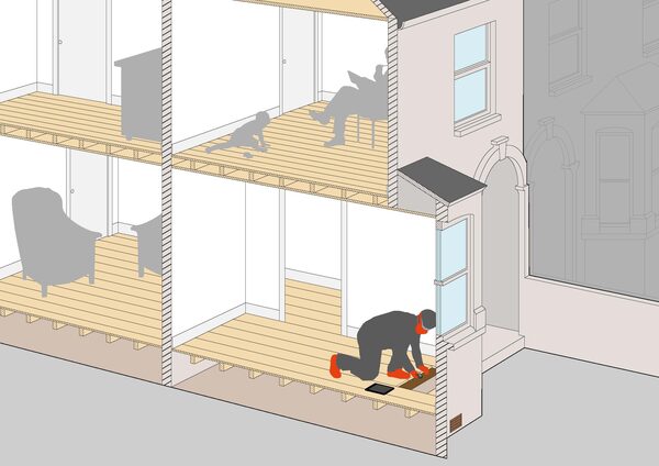 Cutaway illustration of a house showing a worker insulating under suspended timber floors from below