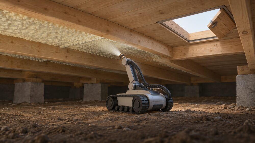 A small boot-box-sized remote-controlled robot in the dim underfloor void beneath suspended timber floorboards, spraying a layer of closed-cell foam upwards onto the underside of the boards between the timber joists, having entered through a small access hatch.