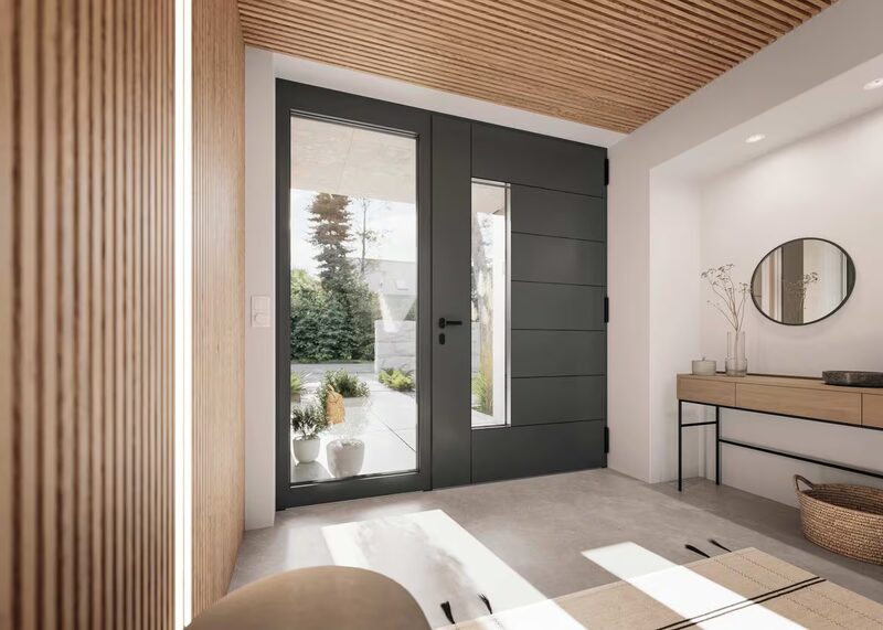 A dark grey REHAU ARTEVO front door with a glazed side panel, seen from inside a modern hallway
