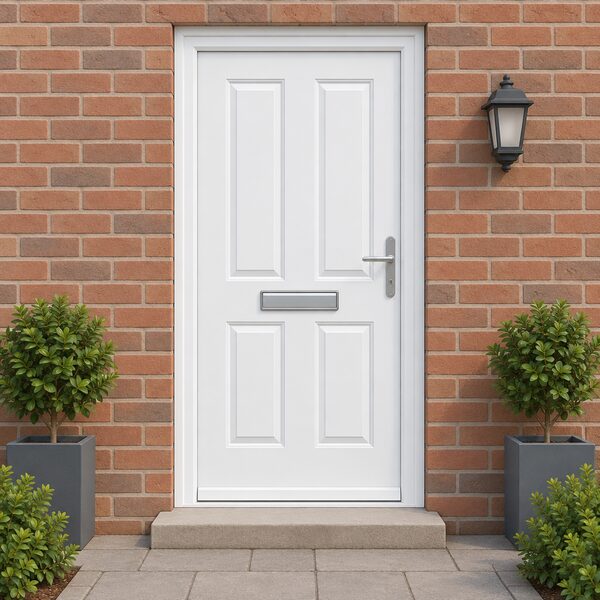 A closed uPVC panelled front entrance door set in its frame at the front of a house, shown straight-on with the surrounding brick front wall, a step below and a handle and letterplate on the single solid leaf.